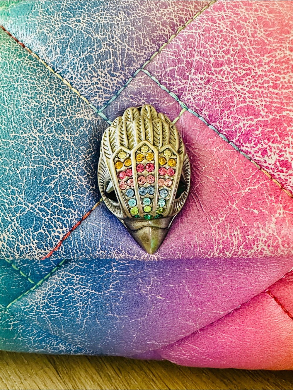 Kurt Geiger Kensington Rainbow Quilted Shoulder Bag Metallic Jeweled Bird Clasp - Picture 7 of 16